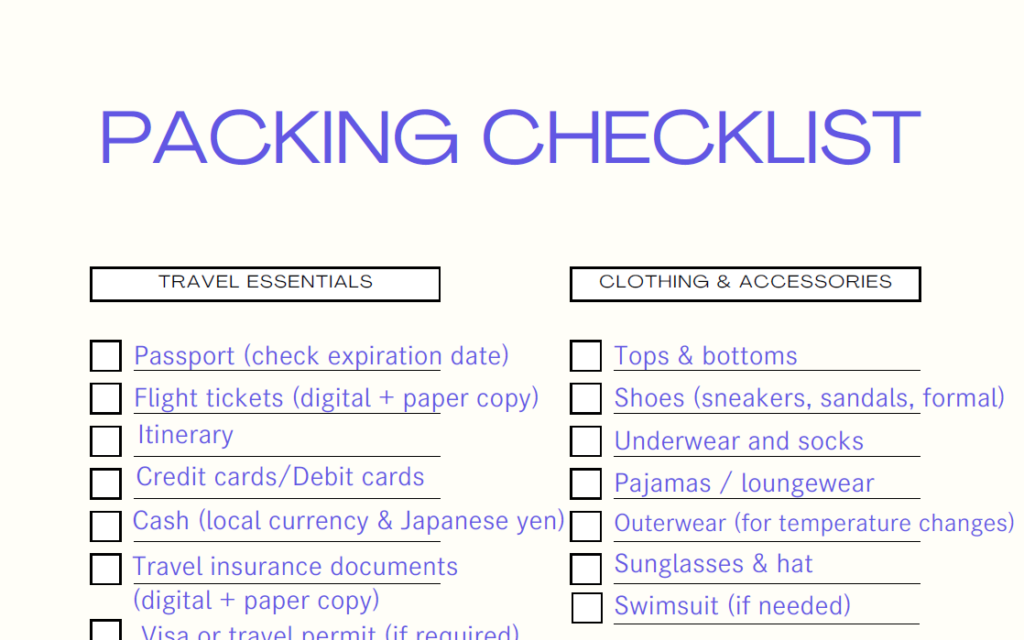 Packing checklistの一部